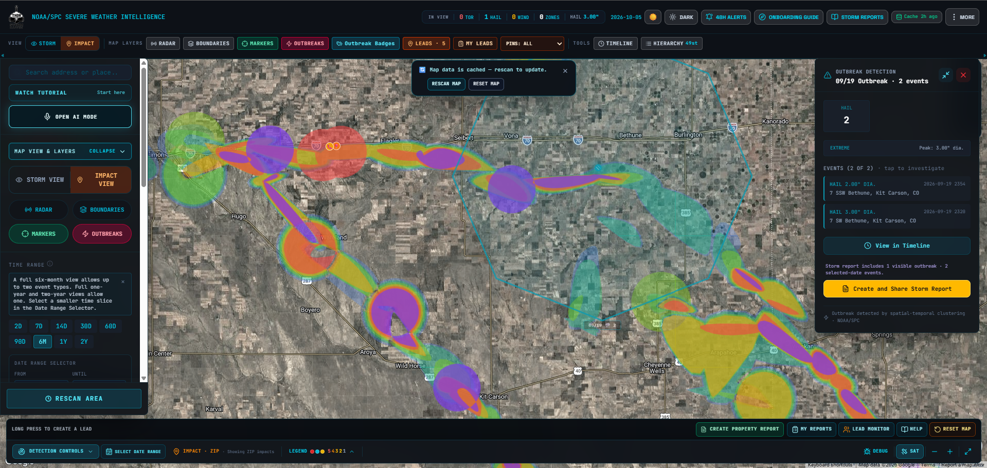 THOR Hail Impact Zone Map showing color-coded hail impact areas, outbreak detail, and the field map controls
