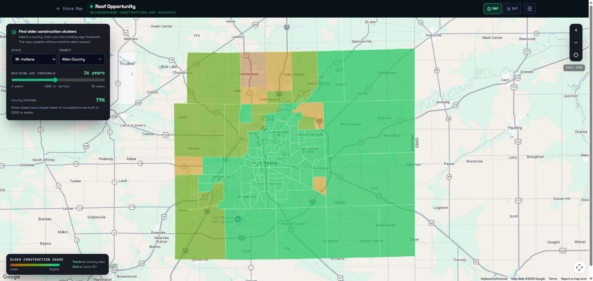 Roofripe construction-age research map showing neighborhood areas by share of older occupied homes