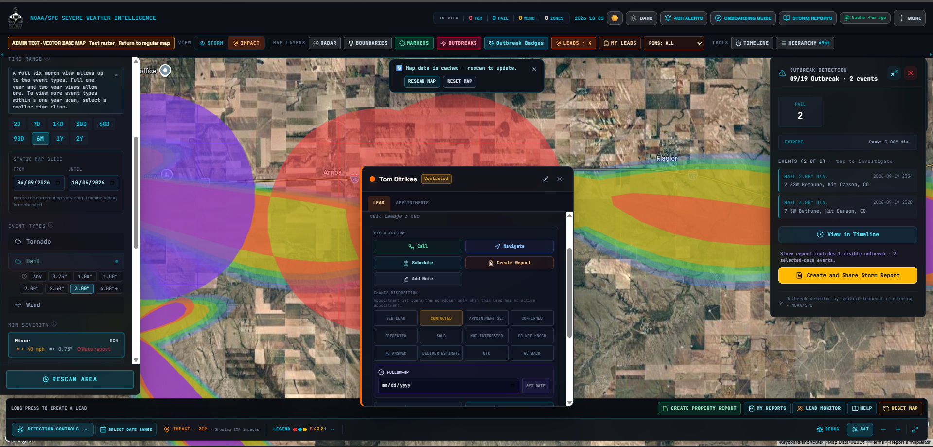 THOR Impact View with hail swaths, an outbreak detail panel, and a lead card open with field actions and dispositions