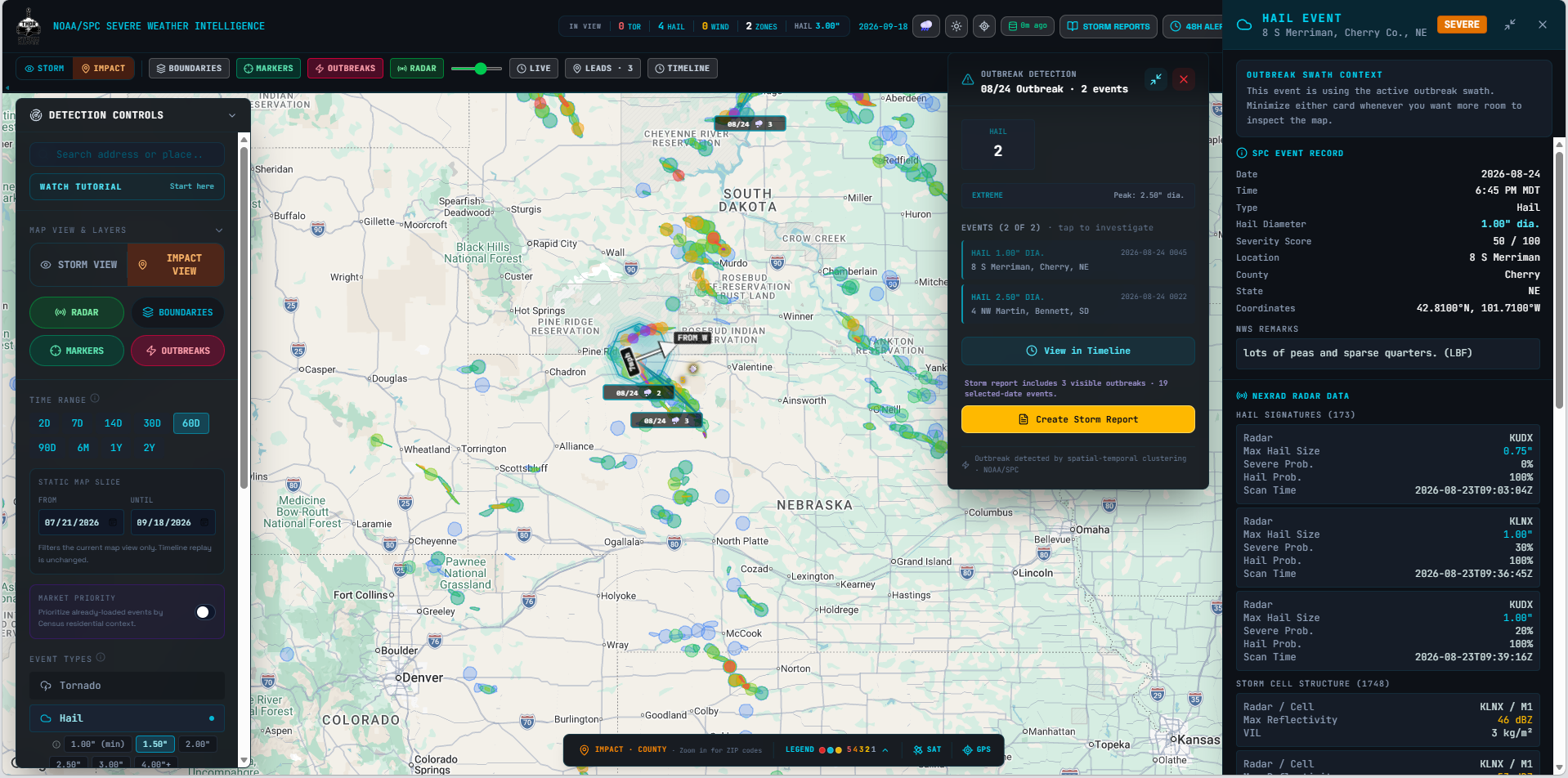 THOR Storm Mapper active outbreak view near Meridian Nebraska showing hail swaths, event details, NEXRAD radar data, timeline control, and Create Storm Report action